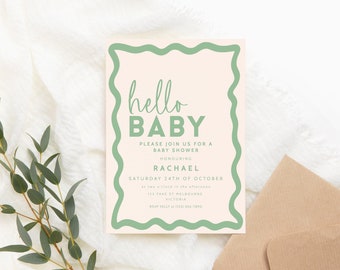 Wavy Border Baby Shower Invitation, Retro Sage Green Editable Template Invite, Gender Neutral Printable, Hello Baby INSTANT DOWNLOAD BB36