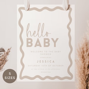 Cartello di benvenuto per baby shower con bordo ondulato, Boho Beige Wave, modello modificabile, Hello Baby, genere neutro, stampabile, DOWNLOAD IMMEDIATO, 5 misure BB66