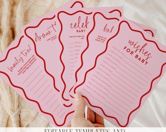 May include: A set of light pink baby shower game cards with wavy red borders. The cards feature red text including titles like Wishes for Baby, Celeb Baby, and Family Traditions, with blank lines for writing responses and prompts for guests to fill out.