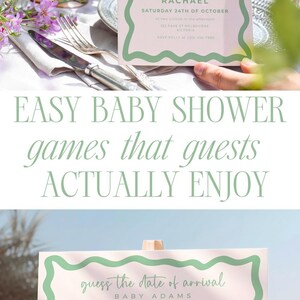 The image is a collage of two photos. The top photo shows a person holding a baby shower invitation, while the bottom photo displays a baby shower schedule.