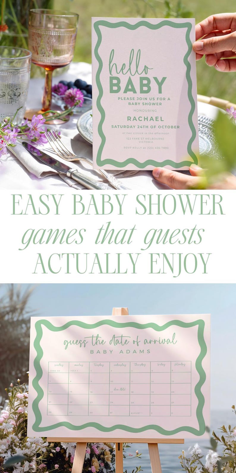 The image is a collage of two photos. The top photo shows a person holding a baby shower invitation, while the bottom photo displays a baby shower schedule.
