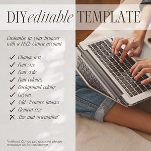 a person using a laptop computer, with a focus on the keyboard and the screen. The text in the image provides a template for creating a custom web page, including options for changing text, font size, font style, font colors, background colour, layout, and element size.