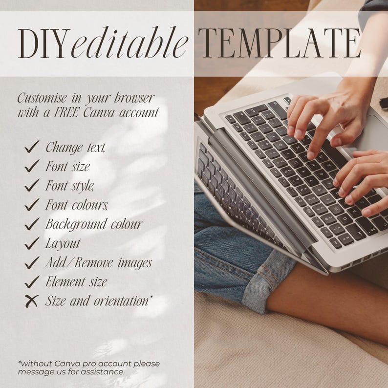 a person using a laptop computer, with a focus on the keyboard and the screen. The text in the image provides a template for creating a custom web page, including options for changing text, font size, font style, font colors, background colour, layout, and element size.