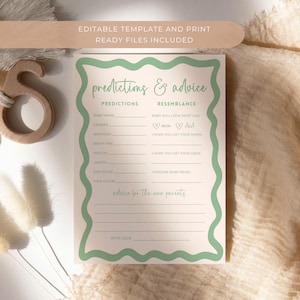 Babyvoorspelling spel digitale sjabloon salie groene golvende golf ontwerp neutrale kleur babyshower advieskaart bewerkbare sjabloon instant BB36