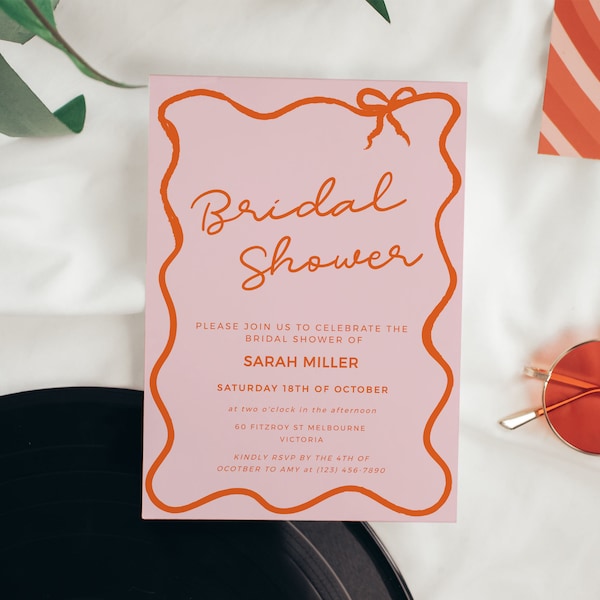 Bow Wavy Border Template Bridal Shower Invitation, Hens Party Bachelorette Invite, Modern Hand drawn Ribbon, Editable Print Download BS02