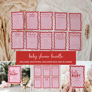 Die meisten Spaß Babypartyspiele, Retro gewelltes Babyparty Bundle, Einladung Willkommensschild, bearbeitbare Vorlage, druckbare SOFORT-DOWNLOAD BB06