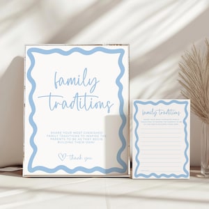 Letrero de Baby Shower con Tradiciones Familiares, Ola Azul Boho para Niño, Tarjetas de Memoria Editables, Actividad para Compartir la Memoria, Descarga Instantánea Imprimible BB76
