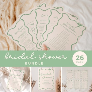 Bundle douche nuptiale vert sauge, faire-part de bienvenue jeux, EVJF, modèle moderne vague de noeud de ruban dessiné à la main BS05