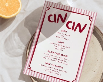 Wedding Drink Menu Template Italian Wedding Bar Menu Pink Red Drinks Sign Editable Canva Cocktail Menu Bridal Shower Dinner Party Bar B01