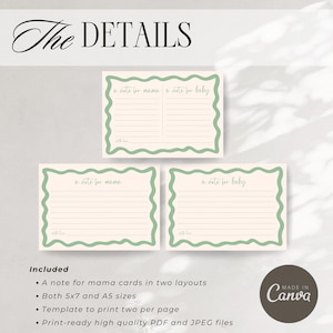 three blank greeting cards with a note for mama cards, including details about the cards' sizes, layout, and printing quality.