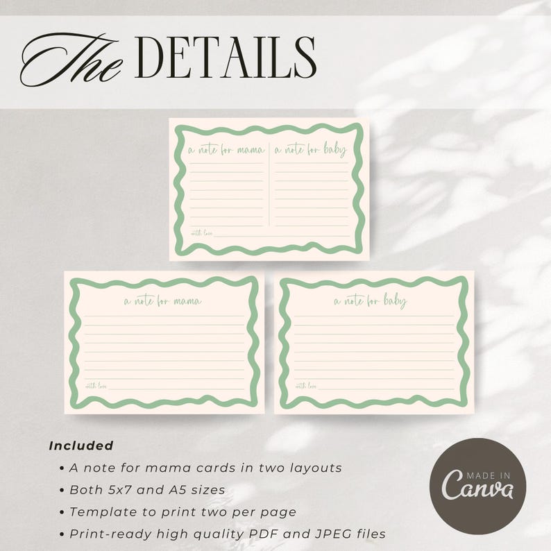 three blank greeting cards with a note for mama cards, including details about the cards' sizes, layout, and printing quality.