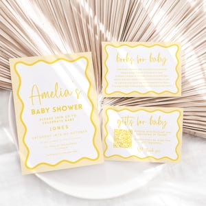 Zitronengelbes Babyparty-Wellen-Einladungs-Paket, Geschlechtsneutral, Bücher für Baby, Geschenk-Registratur, bearbeitbare druckbare Einladungs-DOWNLOAD BB57