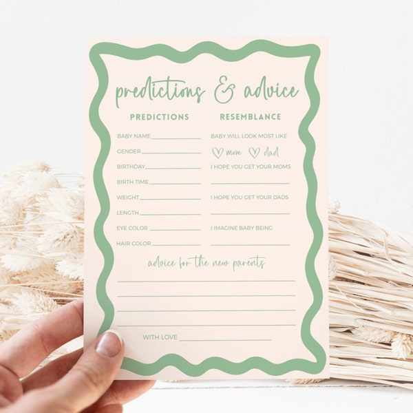 Gender Neutral Predictions and Advice Baby Shower Games, Retro Sage Green Wavy Border Template Editable DIY Sprinkle Printable DOWNLOAD BB36