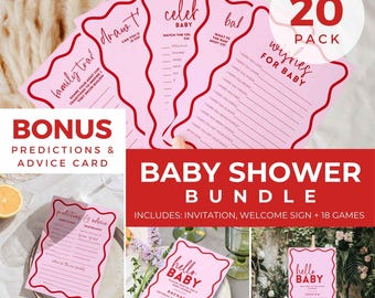 Red Pink Baby Shower Bundle Editable Invite Baby Sprinkle Welcome Sign Template Canva Printable Games Pack Predictions for Baby Card BB06