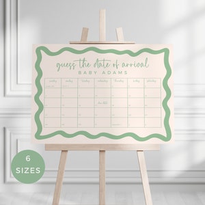 Gioco "Indovina la data di arrivo e di scadenza", Calendario per baby shower e compleanno, Modello con bordo ondulato verde salvia neutro, modificabile e stampabile, SCARICA BB36