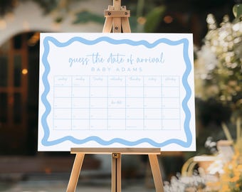 Guess the Due Date Calendar Baby Shower Game Boy Blue Printable Game Baby Arrival Date Prediction Guess Birthday Game Idea Canva Template