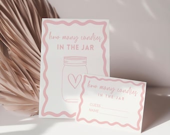 Boho Pink Beige Girl Guess How Many Candies in the Jar Baby Shower Games Candy Game Wavy Border Canva Template Editable Printable BB86