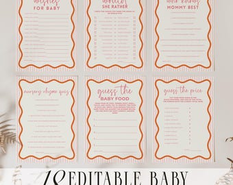 Baby Shower Games Girl Pink Orange Hand Drawn Printable Wishes for Baby Shower Activity Trivia Canva Template Baby Bingo Card BB96