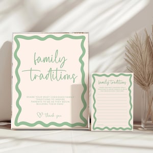 Placa de chá de bebê Family Traditions, onda verde sálvia, cartões de memória editáveis, compartilhe uma memória, gênero neutro, download instantâneo para impressão BB36