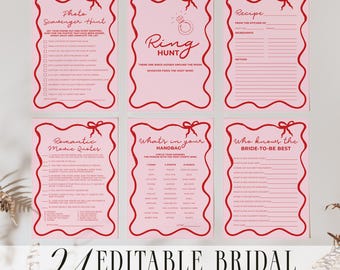 Wavy Border Template Bridal Shower Games Red Pink Bachelorette Hens Party Hand Drawn Ribbon Bow Wave Modern Canva Editable Printable BS03