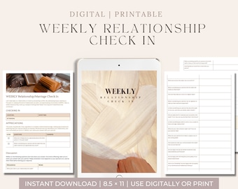 May include: Printable weekly relationship check-in worksheet with sections for checking in, appreciations, and discussion. The worksheet features a light brown background with a textured pattern.