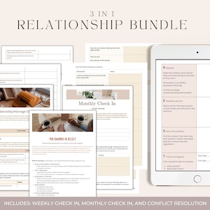 May include: A printable bundle of relationship worksheets with a beige background. The worksheets include a weekly relationship check-in, a monthly check-in, and a conflict resolution guide. The text "3 IN 1 RELATIONSHIP BUNDLE" is at the top of the page.