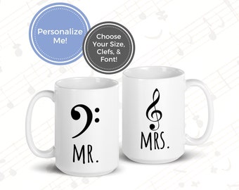 Mr. and Mrs. Musical Couple Mug Set | Personalized Engagement, Wedding, Newlywed, or Anniversary Gift | Treble, Bass, or Alto Clef