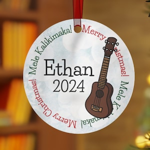 Mele Kalikimaka Ukulele Ornament | Personalized Metal Christmas Ornament | Custom Holiday Gift for Ukulele Player