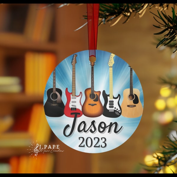 Acoustic & Electric Guitar Ornament | Personalized Metal Christmas Tree Decoration | Custom Gift for Guitar Player, Teacher, or Student