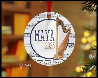 Harp Ornament | Personalized Sheet Music Ornament | Metal Christmas Tree Decoration | Gift for Harp Player or Teacher