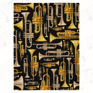 May include: A black background with a repeating pattern of gold trumpets. The trumpets are in various sizes and angles, creating a dynamic and musical design.