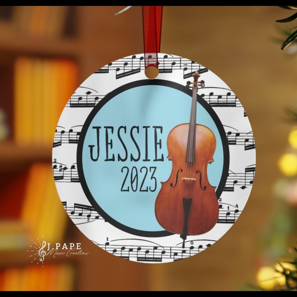 Cello Ornament | Sheet Music Christmas Ornament | Personalized Metal Holiday Tree Decoration | Gift for Music Teacher or Musician