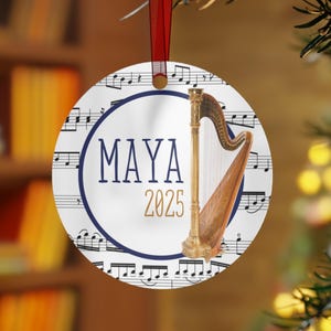 Harp Ornament | Personalized Sheet Music Ornament | Metal Christmas Tree Decoration | Gift for Harp Player or Teacher