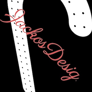 May include: White candy cane with black polka dots. The candy cane is curved into a traditional candy cane shape.