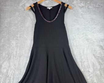 Candie's Black Ribbed Fit and Flare Dress with Beaded Neckline SZ Med