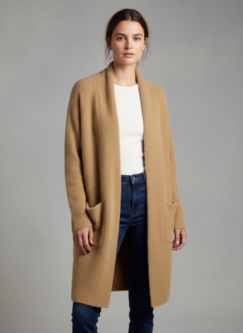 Anthropologie Sleeping On Snow Tan Open Front Long Cardigan Sweater Size M immagine 1