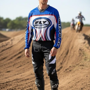 Camiseta de motocross de manga larga para hombre Fly Racing, azul, blanco y negro, talla grande. imagen 1