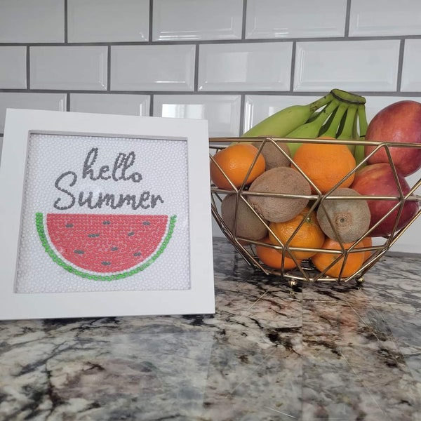 Hello Summer Watermelon Slice Red Green Black Home Decor Diamond Art Kit includes frame
