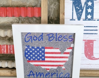 Patriotic God Bless America Red White Blue Diamond Art Kit includes frame