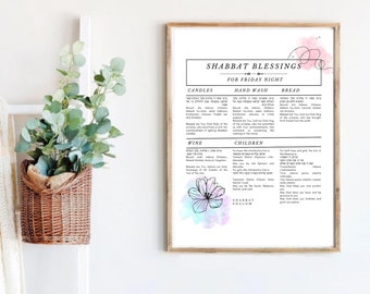 Shabbat Blessings Print, Friday Night Prayers, Hebrew English Transliteration (Digital Download)