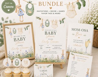 Baby Shower Bundle Template, Editable Baby Shower games, Bunny Baby Shower, Woodland Baby Shower Signs, Momosa, Printable, Canva Template
