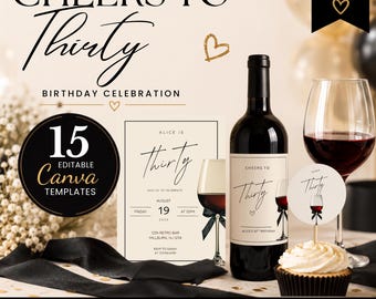 30th Birthday Party Decor Bundle | Modern Black Ivory Canva Templates (Instant Download)