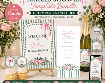 Editable Pink Bow Floral Bridal Shower Template Bundle (Digital)