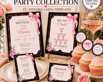Puede incluir: Una colección de fiesta Pink & Pearl con más de 15 plantillas editables de Canva. El set incluye invitaciones de cumpleaños, menús de bebidas, adornos para cupcakes y etiquetas, decorados con lazos rosas, perlas y motivos florales.