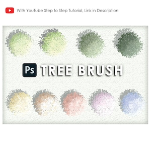 Op de afbeelding: Een set van 9 Photoshop-boompenseelvoorinstellingen in verschillende tinten groen, geel, bruin, roze en blauw. De tekst "TREE BRUSH" wordt weergegeven in witte letters op een witte achtergrond.