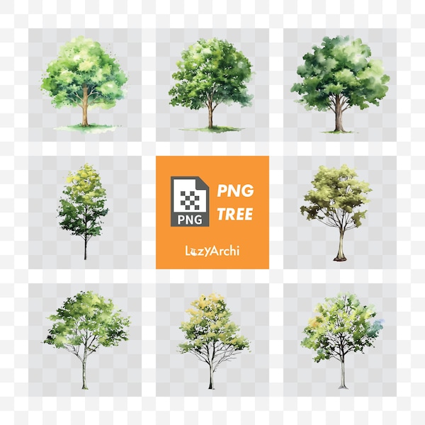 Water Color Style Tree Elevation PNG Collection