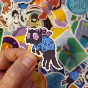 Goth Cat with Moth Wings Die-Cut Vinyl Sticker, Kitty in a Jean Jacket Decal, Punkish Feline Sticker, Flying Cat Bug Decal