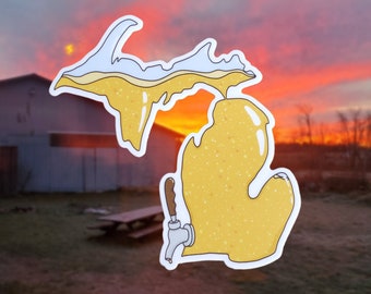 3" Michigan Beer Vinyl Sticker, Bubbly Brew Tap Sticker, Matte Michigander Mitten Decal, Great Lake State Drinking Fan Decal