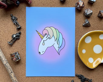 Sad Unicorn 5x7 Giclee Fine Art Print, Even Unicorns Cry Wall Decor, Rainbow Tear from a Mythical Creature Frame Filler