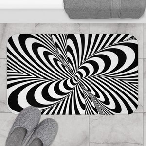 Psychedelischer schwarz-weißer Badevorleger eklektischer Badezimmerteppich trippy Hausbodendekor